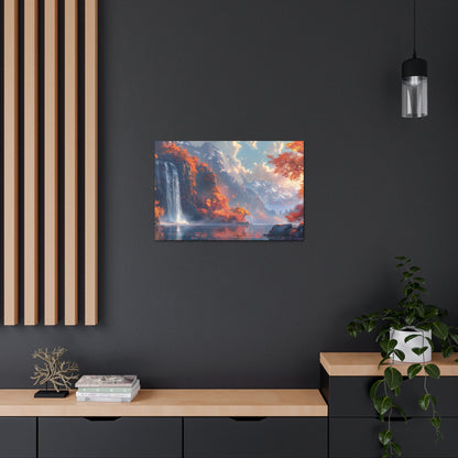 Dreamy Landscape Sunset with Waterfall and Mountains - Digital Illustration Canvas Gallery Wraps