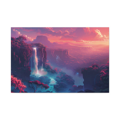 Dreamy Landscape with Waterfall and Mountains - Purple Evening Digital Illustration Canvas Gallery Wraps