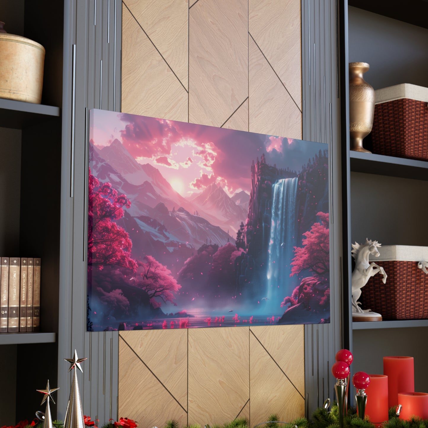 Dreamy Landscape Sunset with Waterfall and Mountains - Digital Illustration Canvas Gallery Wraps