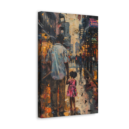 Father and Daughter Walking on the Street - Rembrandt Style Digital Oil Painting Canvas Gallery Wraps