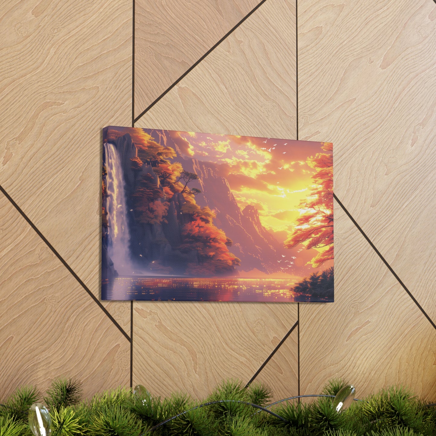 Dreamy Landscape - Waterfall and Mountains in Golden Morning Illustration Canvas Gallery Wraps