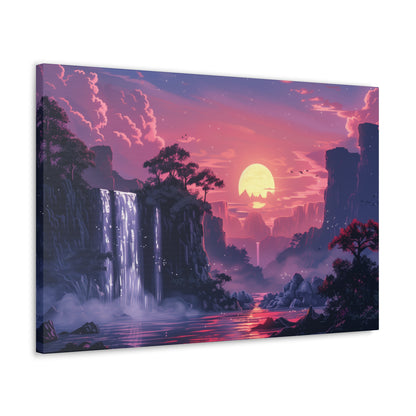 Dreamy Landscape with Waterfall and Mountains - Purple Evening Digital Illustration Canvas Gallery Wraps