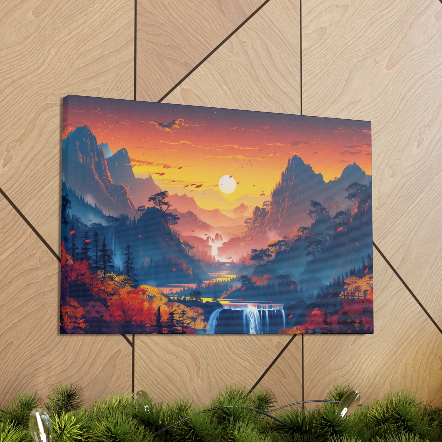 Dreamy Landscape Sunset with Waterfall and Mountains - Digital Illustration Canvas Gallery Wraps