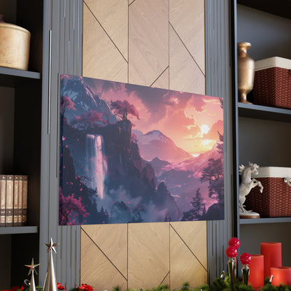 Dreamy Landscape with Waterfall and Mountains - Purple Evening Digital Illustration Canvas Gallery Wraps