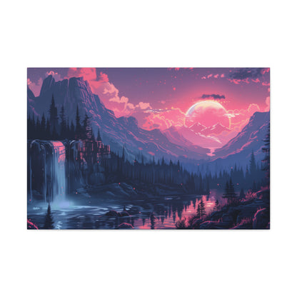 Dreamy Landscape Sunset with Waterfall and Mountains -  Digital Illustration Canvas Gallery Wraps