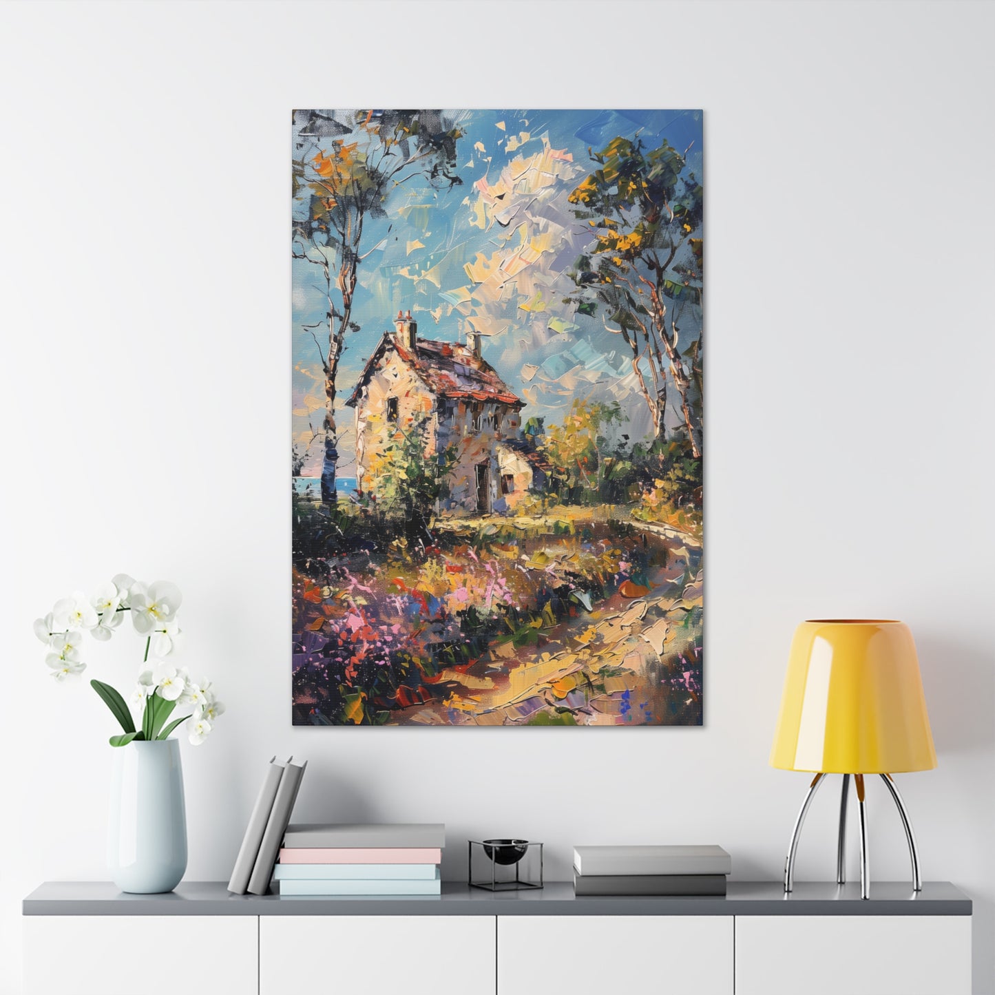 Old house in Countryside Village with garden in medieval times Digital Oil Painting Print Canvas Gallery Wraps