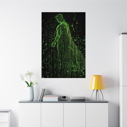 Neon Code Guardian: 3D Glitch Superman Matrix Effect - Digital Illustration Matte Vertical Poster