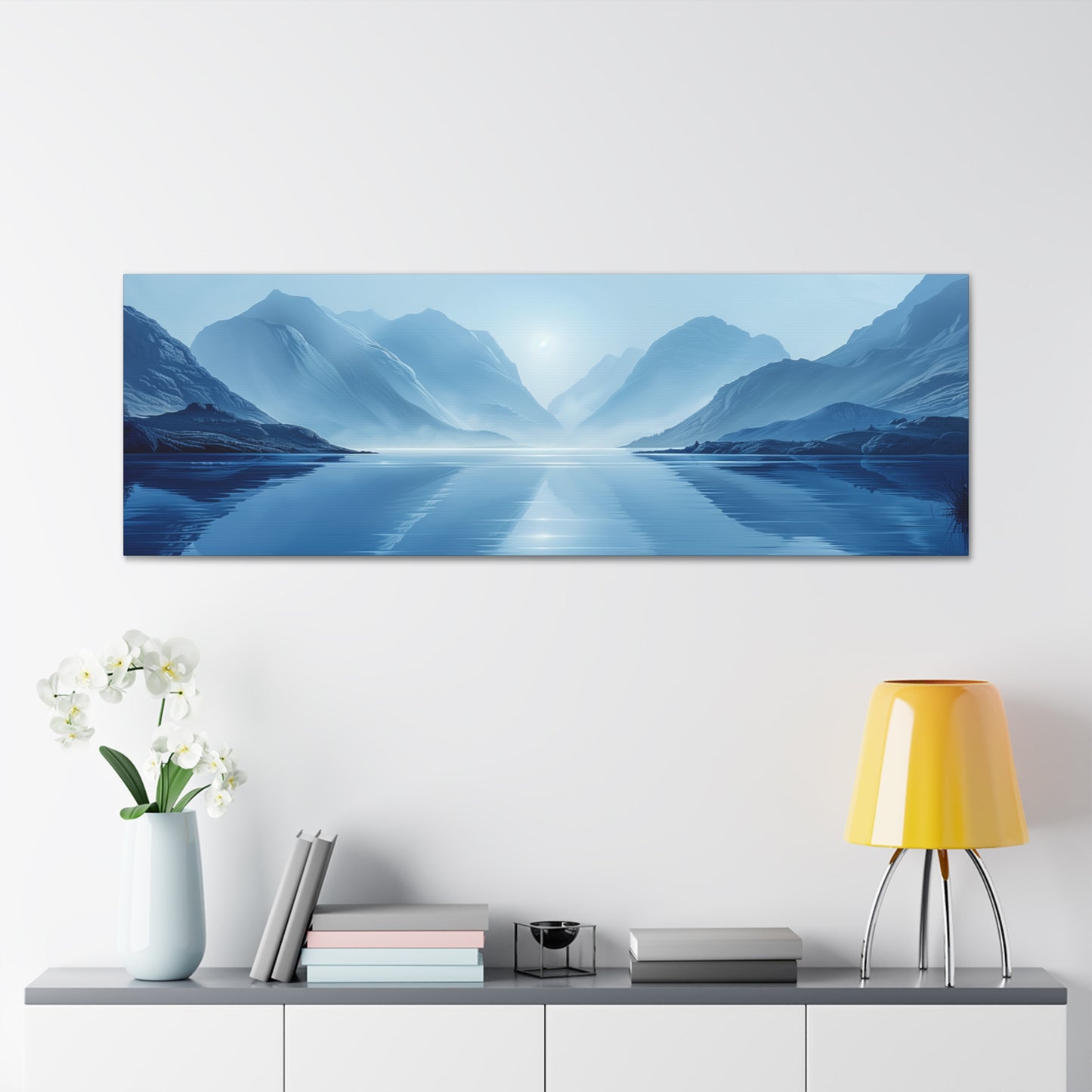 Lake Landscape with Mountains - Morning Mist Panorama Canvas Gallery Wraps