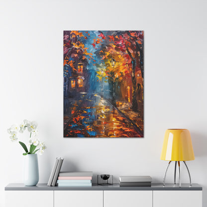 Nighttime Street in Autumn - Leonid Afremov Style Digital Oil Painting Canvas Gallery Wraps