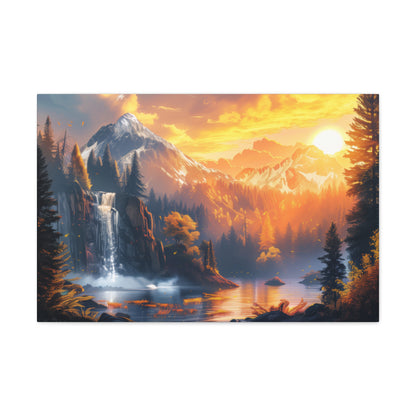 Dreamy Landscape Sunset with Waterfall and Mountains - Digital Illustration Canvas Gallery Wraps