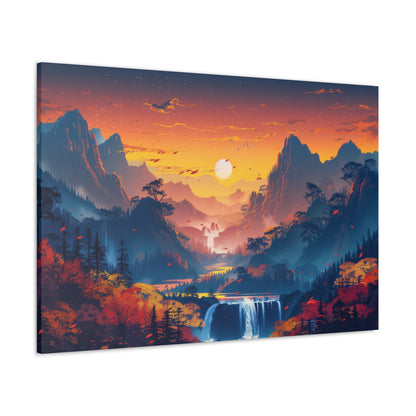 Dreamy Landscape Sunset with Waterfall and Mountains - Digital Illustration Canvas Gallery Wraps