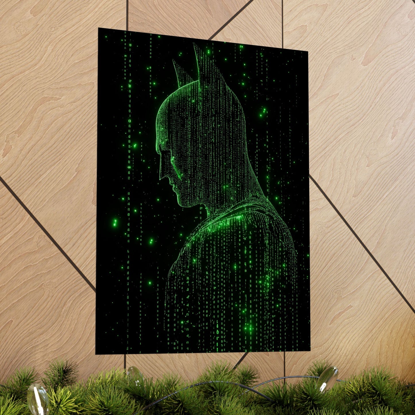 Neon Code Vigilante: 3D Glitch Batman Matrix Effect - Digital Illustration Matte Vertical Poster