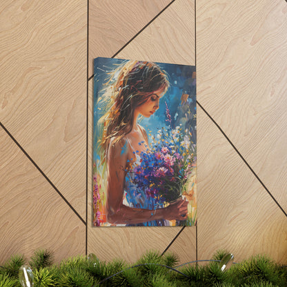 girl holding a flower bouquet - Leonid Afremov Style Digital Print Canvas Gallery Wraps