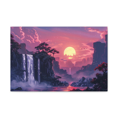 Dreamy Landscape with Waterfall and Mountains - Purple Evening Digital Illustration Canvas Gallery Wraps