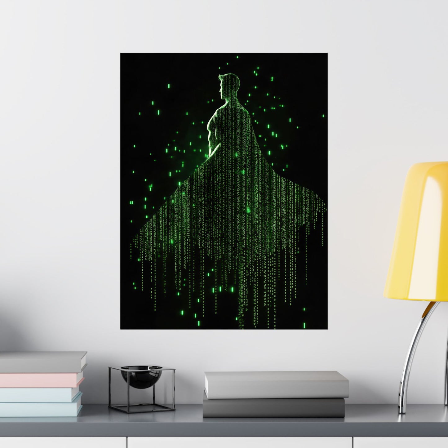 Neon Code Guardian: 3D Glitch Superman Matrix Effect - Digital Illustration Matte Vertical Poster