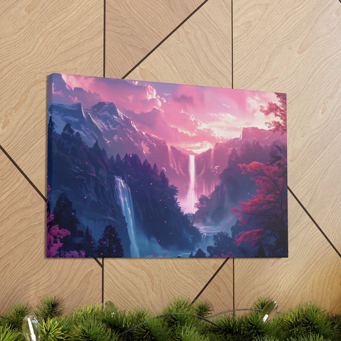 Dreamy Landscape with Waterfall and Mountains - Purple Evening Digital Illustration Canvas Gallery Wraps