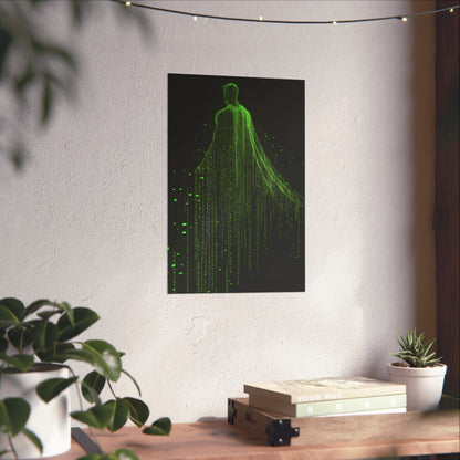 Neon Code Guardian: 3D Glitch Superman Matrix Effect - Digital Illustration Matte Vertical Poster