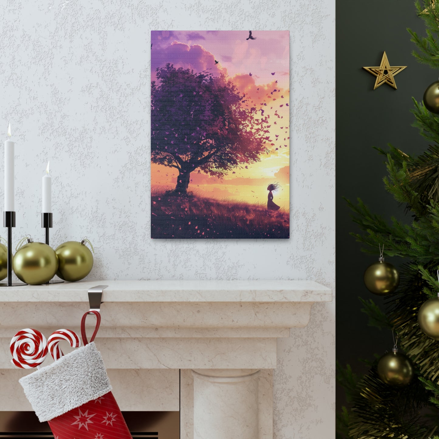 Tree in a Purple Sunset Digital Illustration Canvas Gallery Wraps