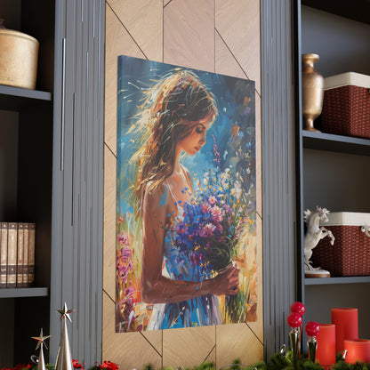 girl holding a flower bouquet - Leonid Afremov Style Digital Print Canvas Gallery Wraps