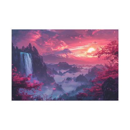 Dreamy Landscape Sunset with Waterfall and Mountains - Digital Illustration Canvas Gallery Wraps