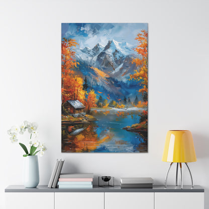 river flows through autumn forest with a house near the river - Leonid Afremov Style Digital Print Canvas Gallery Wraps