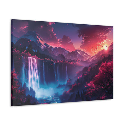 Dreamy Landscape Sunset with Waterfall and Mountains - Digital Illustration Canvas Gallery Wraps