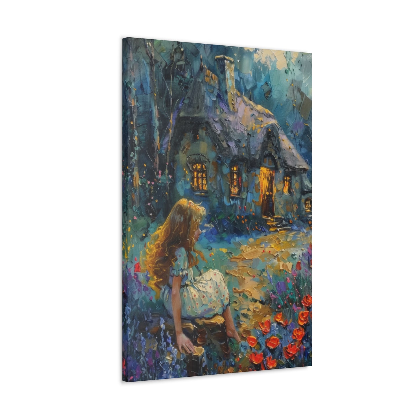 little girl sitting front of a hut in countryside Digital Oil Painting Print Canvas Gallery Wraps