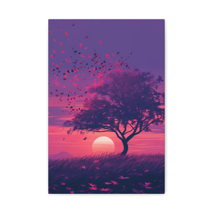 Tree in a Purple Sunset Digital Illustration Canvas Gallery Wraps