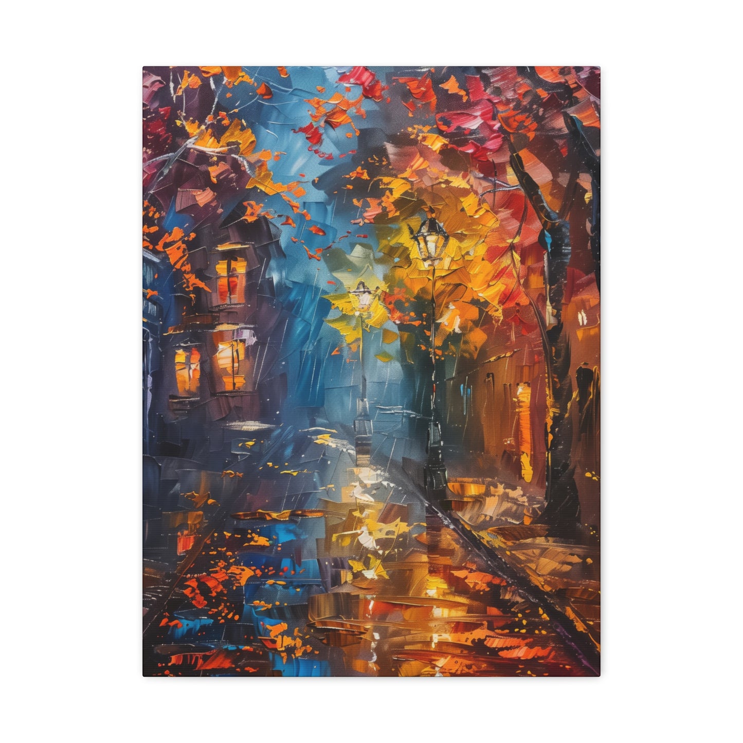 Nighttime Street in Autumn - Leonid Afremov Style Digital Oil Painting Canvas Gallery Wraps