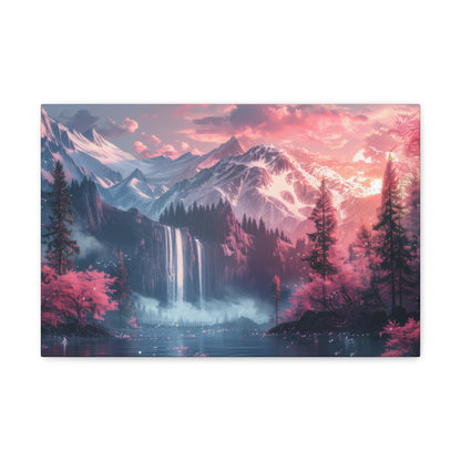 Dreamy Landscape Sunset with Waterfall and Mountains - Digital Illustration Canvas Gallery Wraps