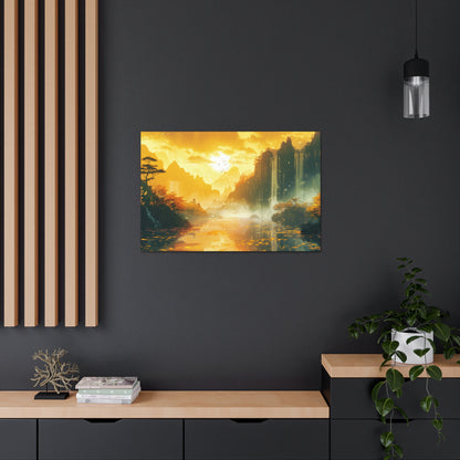 Dreamy Landscape Sunset with Waterfall and Mountains - Digital Illustration Canvas Gallery Wraps