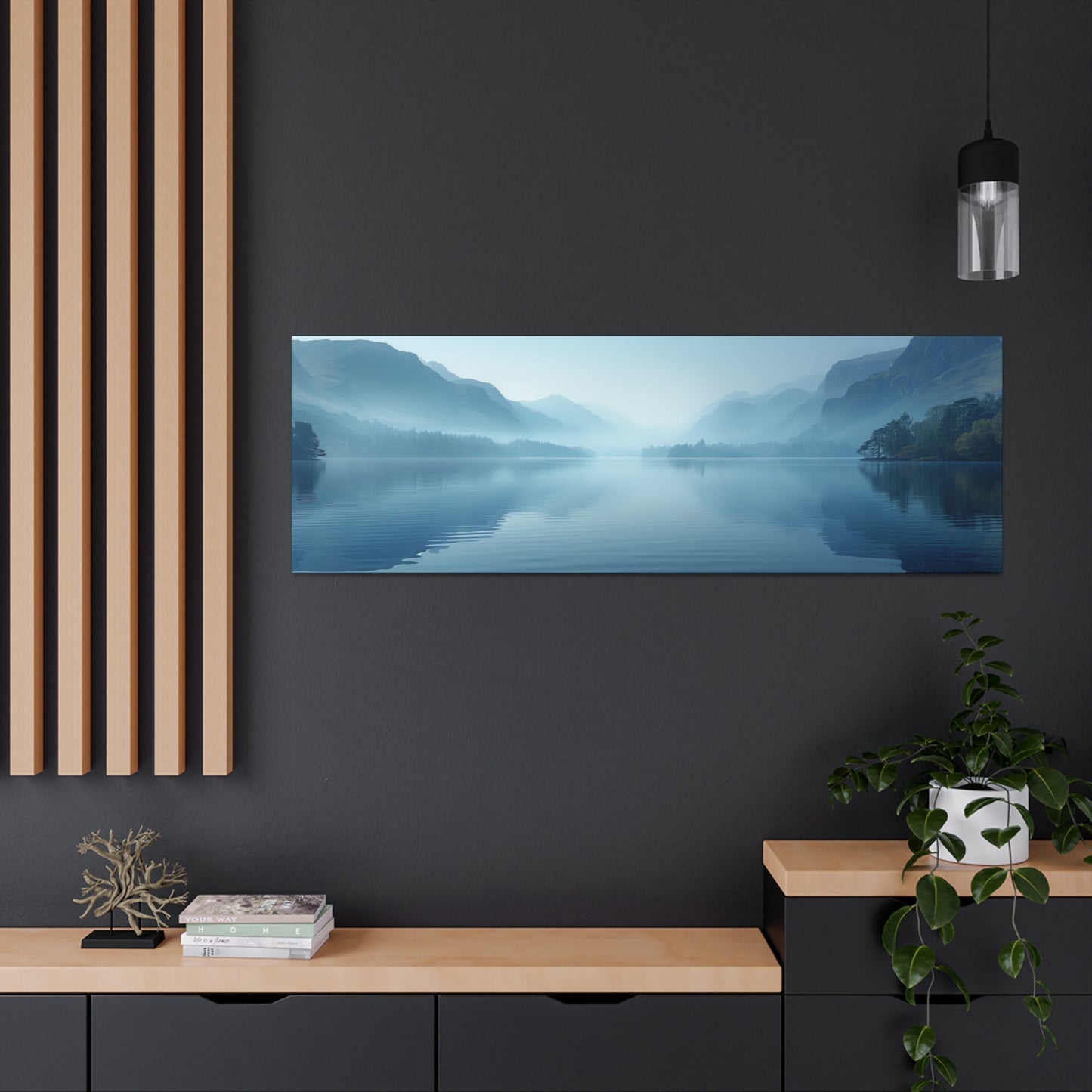 Lake Landscape with Mountains - Morning Mist Panorama Canvas Gallery Wraps