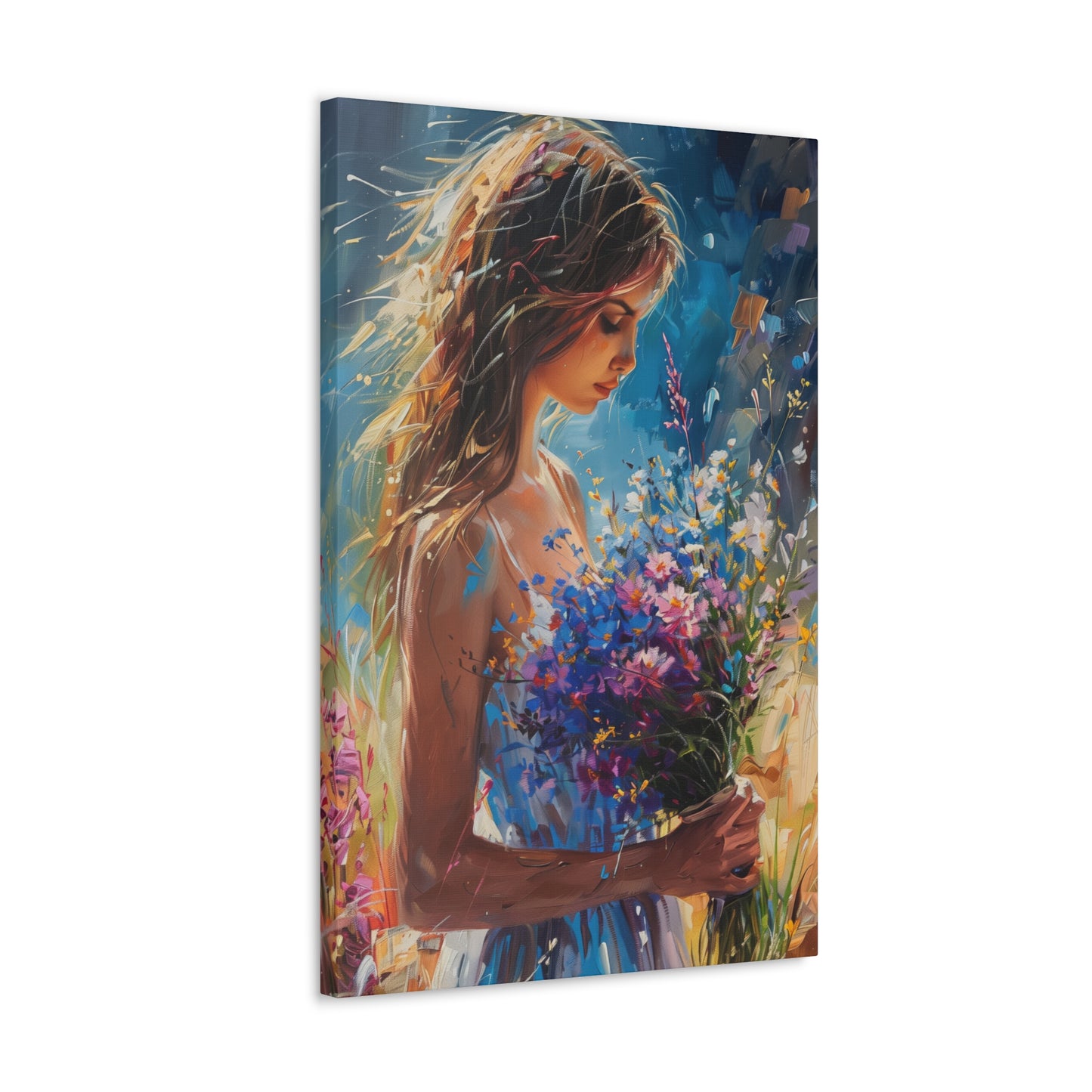 girl holding a flower bouquet - Leonid Afremov Style Digital Print Canvas Gallery Wraps