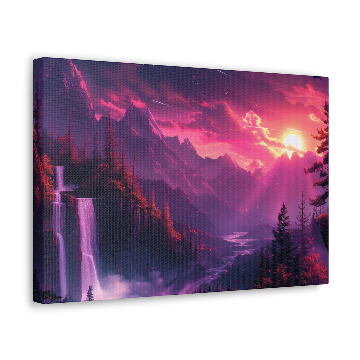 Dreamy Landscape with Waterfall and Mountains - Purple Evening Digital Illustration Canvas Gallery Wraps