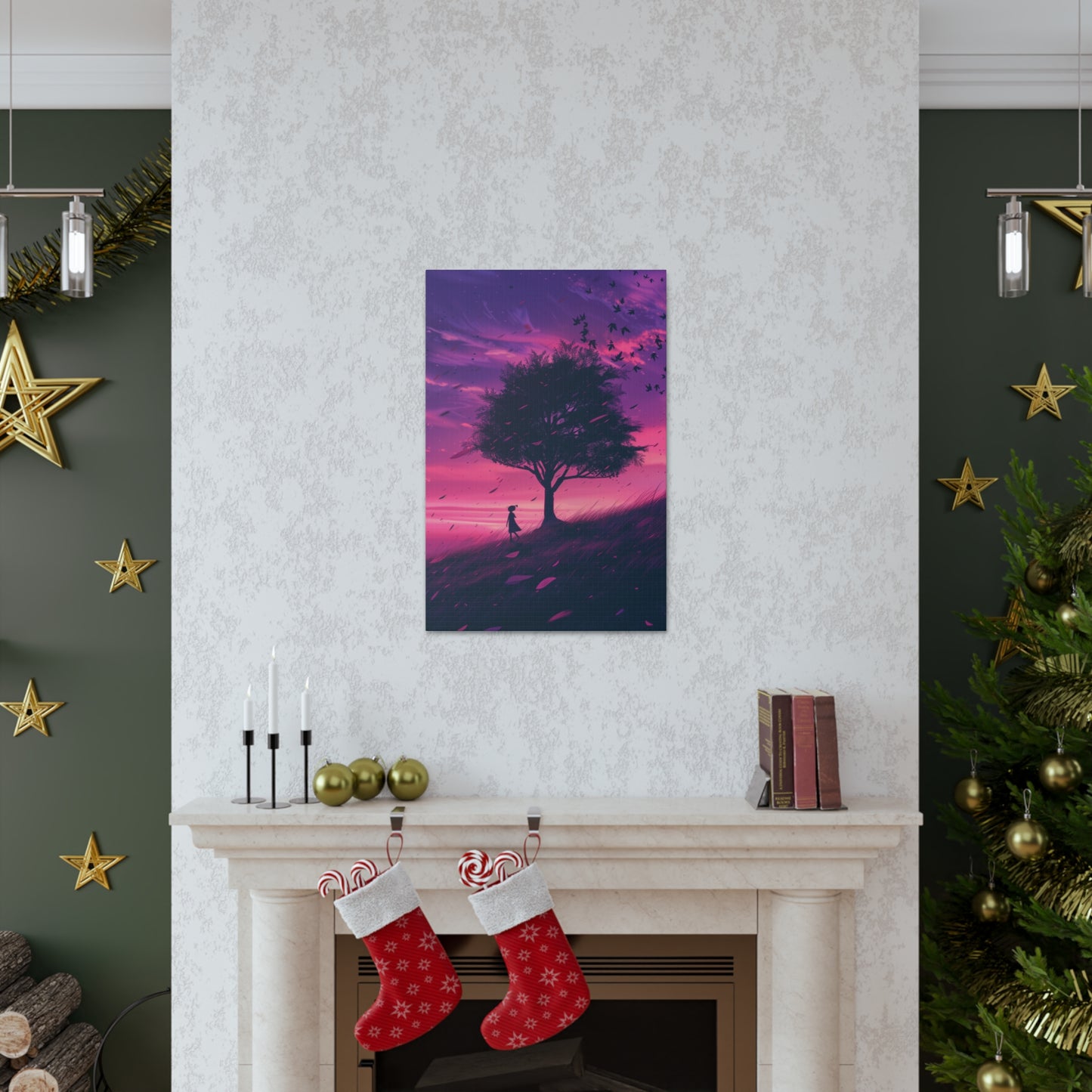 Tree in a Purple Sunset Digital Illustration Canvas Gallery Wraps