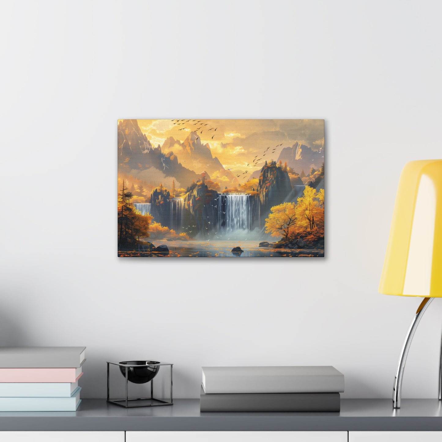 Dreamy Landscape Sunset with Waterfall and Mountains - Digital Illustration Canvas Gallery Wraps