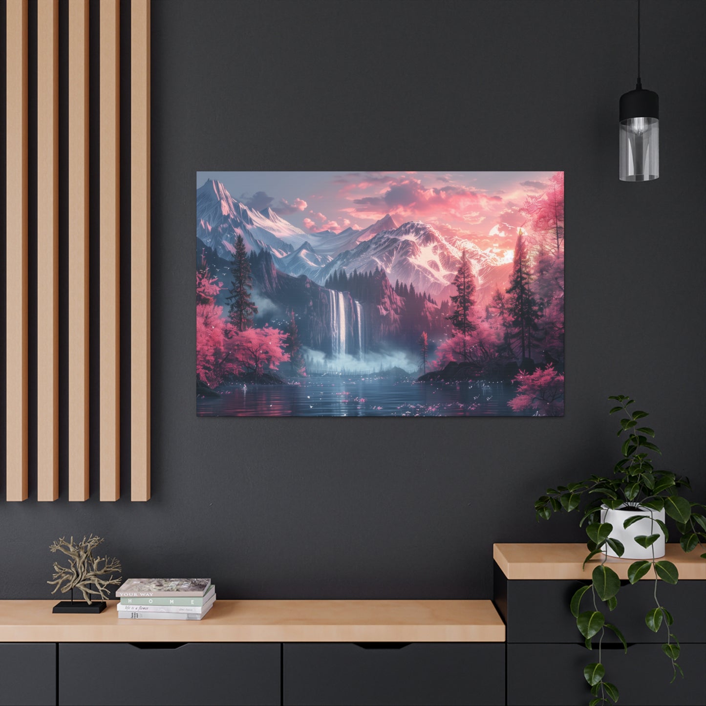 Dreamy Landscape Sunset with Waterfall and Mountains - Digital Illustration Canvas Gallery Wraps