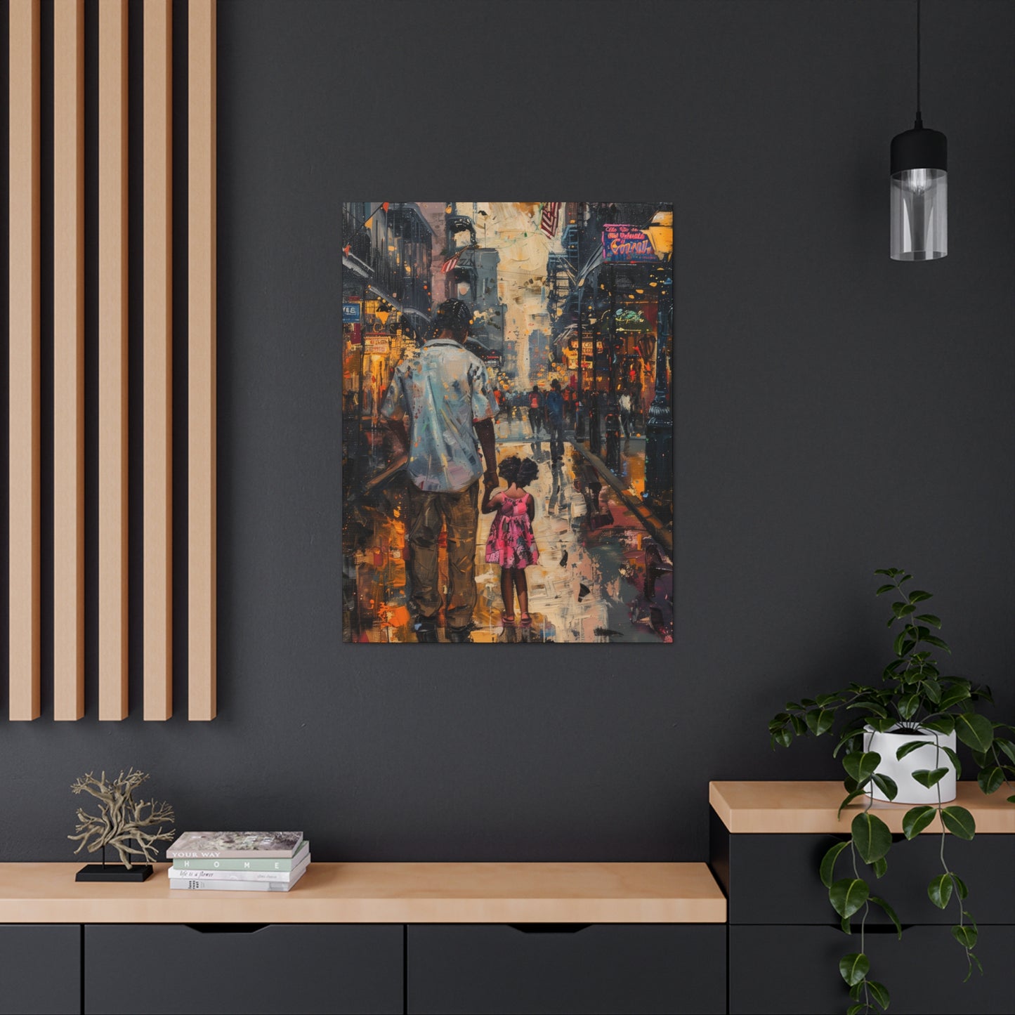 Father and Daughter Walking on the Street - Rembrandt Style Digital Oil Painting Canvas Gallery Wraps