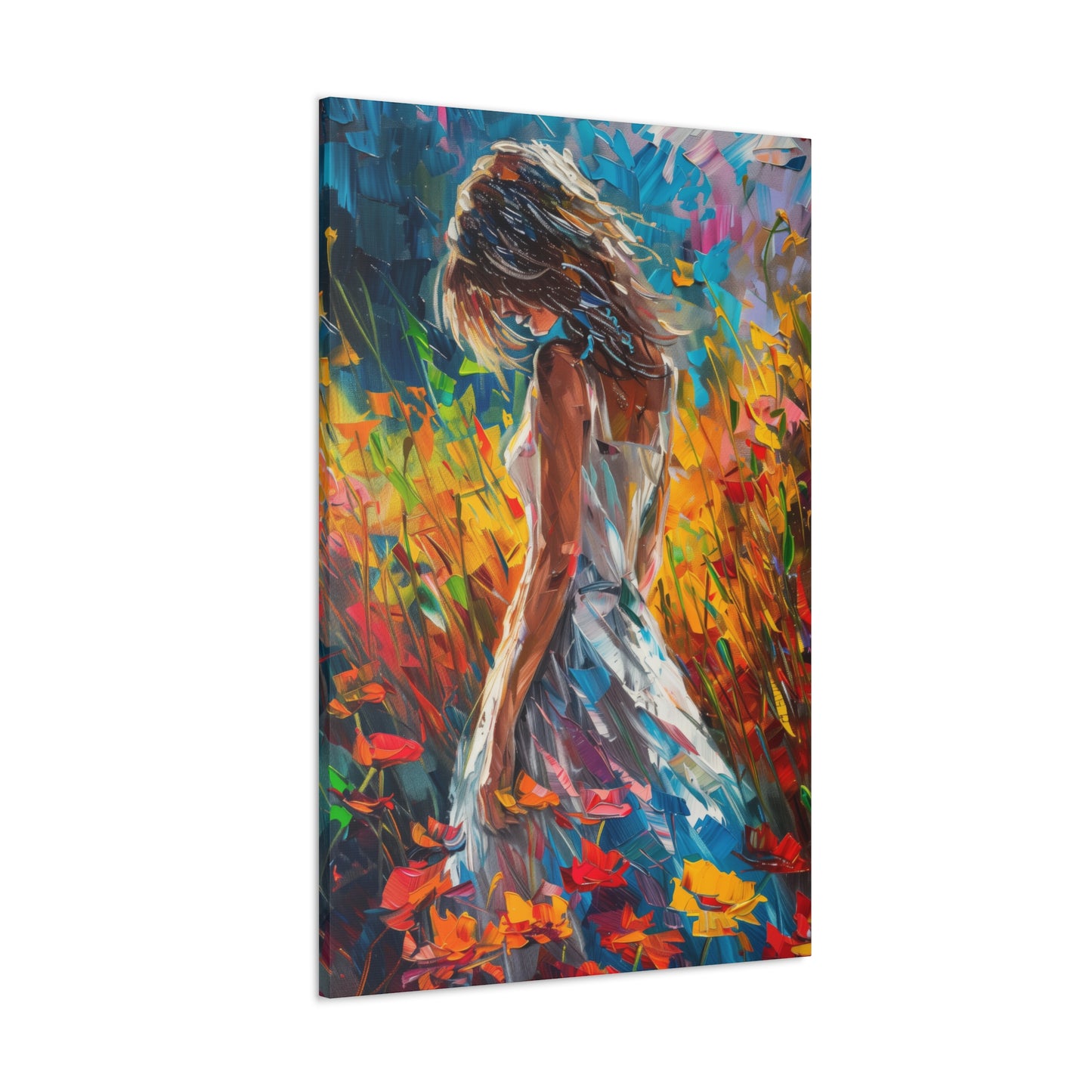 a girl standing in flower field Digital Oil Painting Print Canvas Gallery Wraps