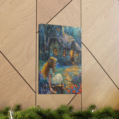 little girl sitting front of a hut in countryside Digital Oil Painting Print Canvas Gallery Wraps