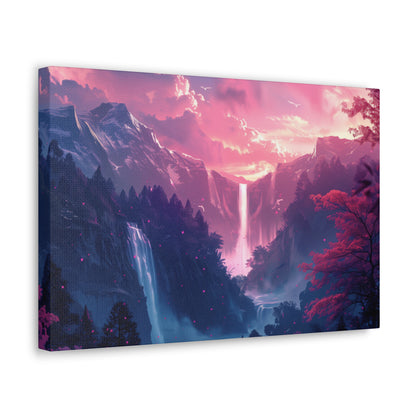 Dreamy Landscape with Waterfall and Mountains - Purple Evening Digital Illustration Canvas Gallery Wraps