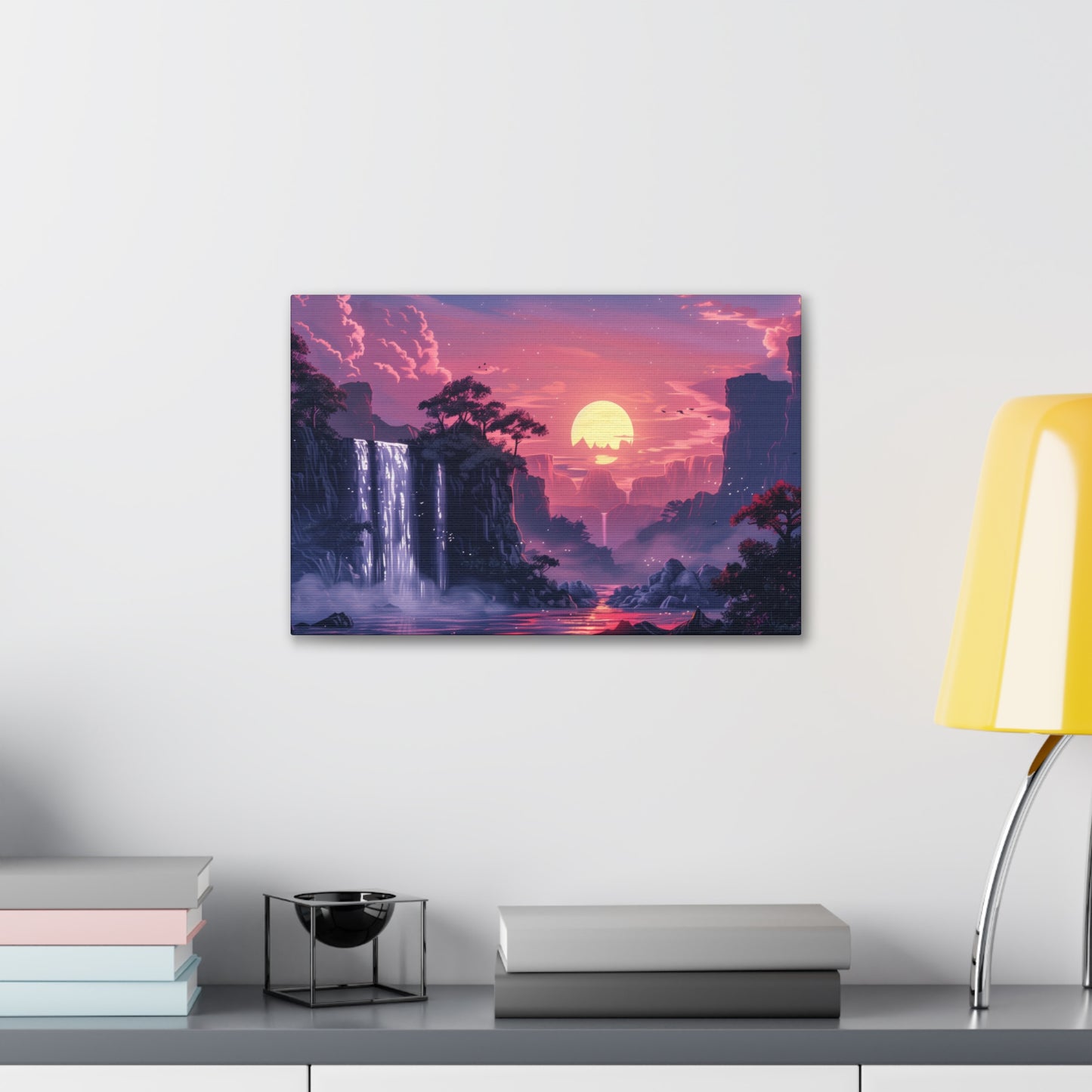 Dreamy Landscape with Waterfall and Mountains - Purple Evening Digital Illustration Canvas Gallery Wraps