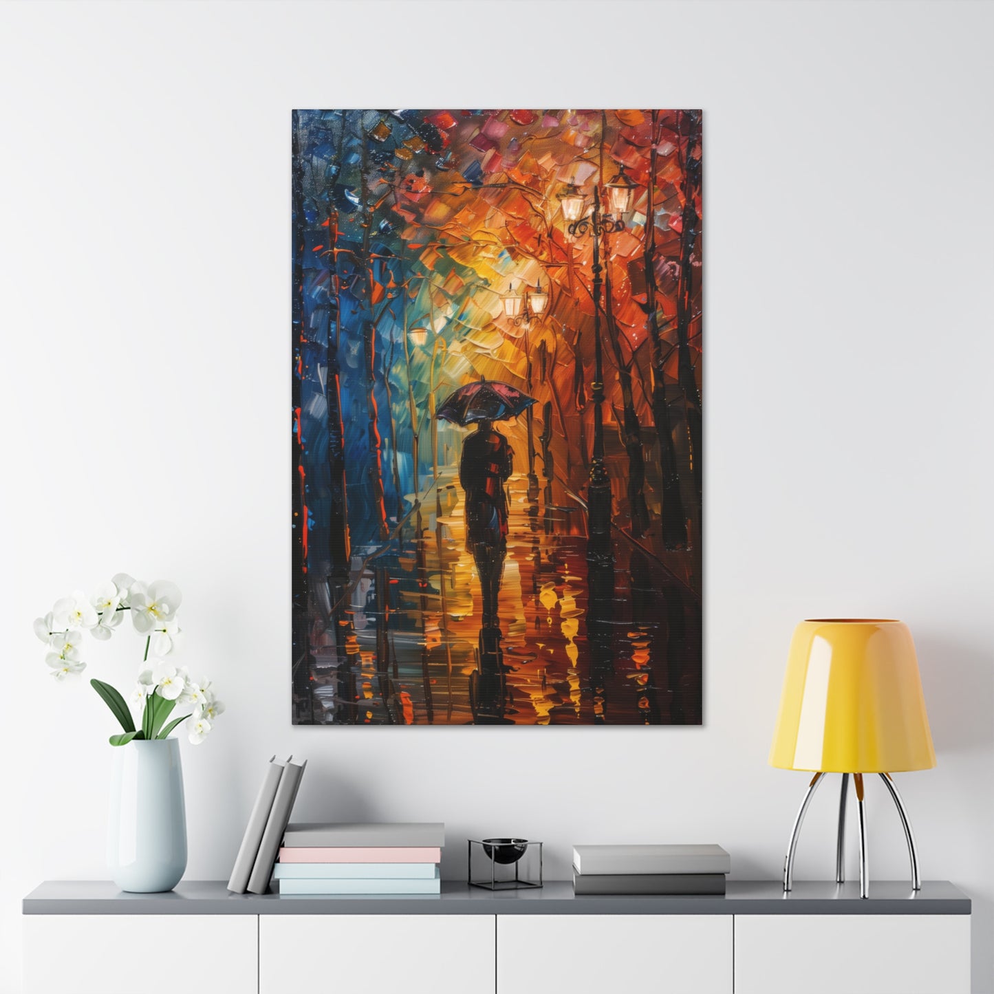 man walking in the street with umbrella - Leonid Afremov Style Digital Print Canvas Gallery Wraps