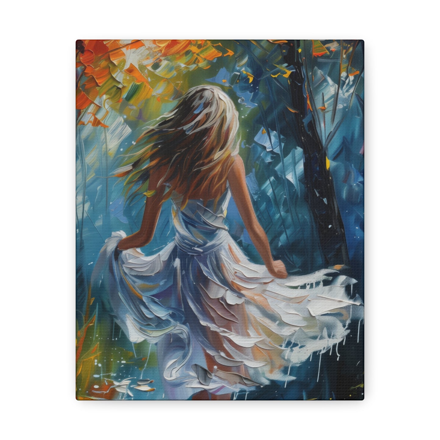 girl walking in the street wearing white dress - Leonid Afremov Style Digital Print Canvas Gallery Wraps