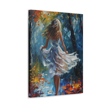 girl walking in the street wearing white dress - Leonid Afremov Style Digital Print Canvas Gallery Wraps