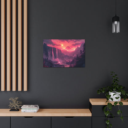 Dreamy Landscape with Waterfall and Mountains - Purple Evening Digital Illustration Canvas Gallery Wraps