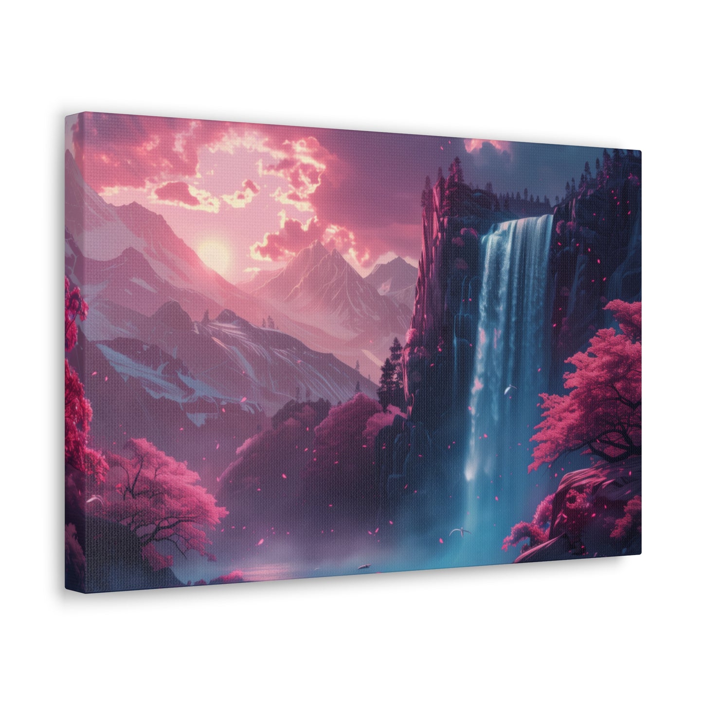 Dreamy Landscape Sunset with Waterfall and Mountains - Digital Illustration Canvas Gallery Wraps