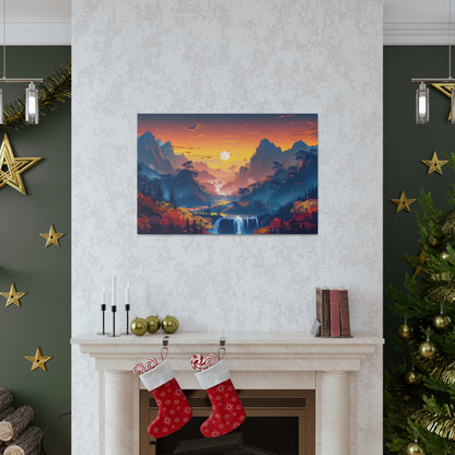 Dreamy Landscape Sunset with Waterfall and Mountains - Digital Illustration Canvas Gallery Wraps