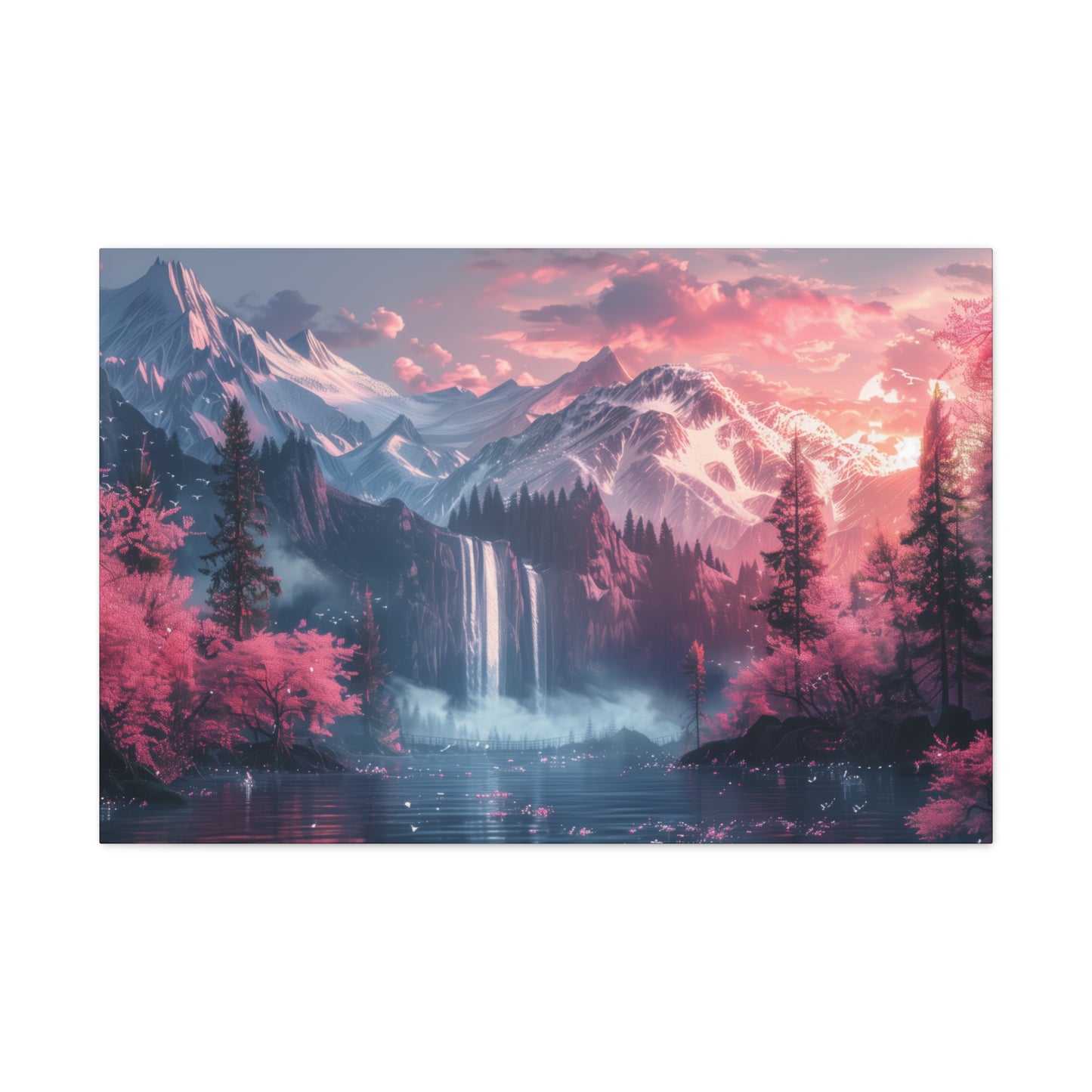 Dreamy Landscape Sunset with Waterfall and Mountains - Digital Illustration Canvas Gallery Wraps