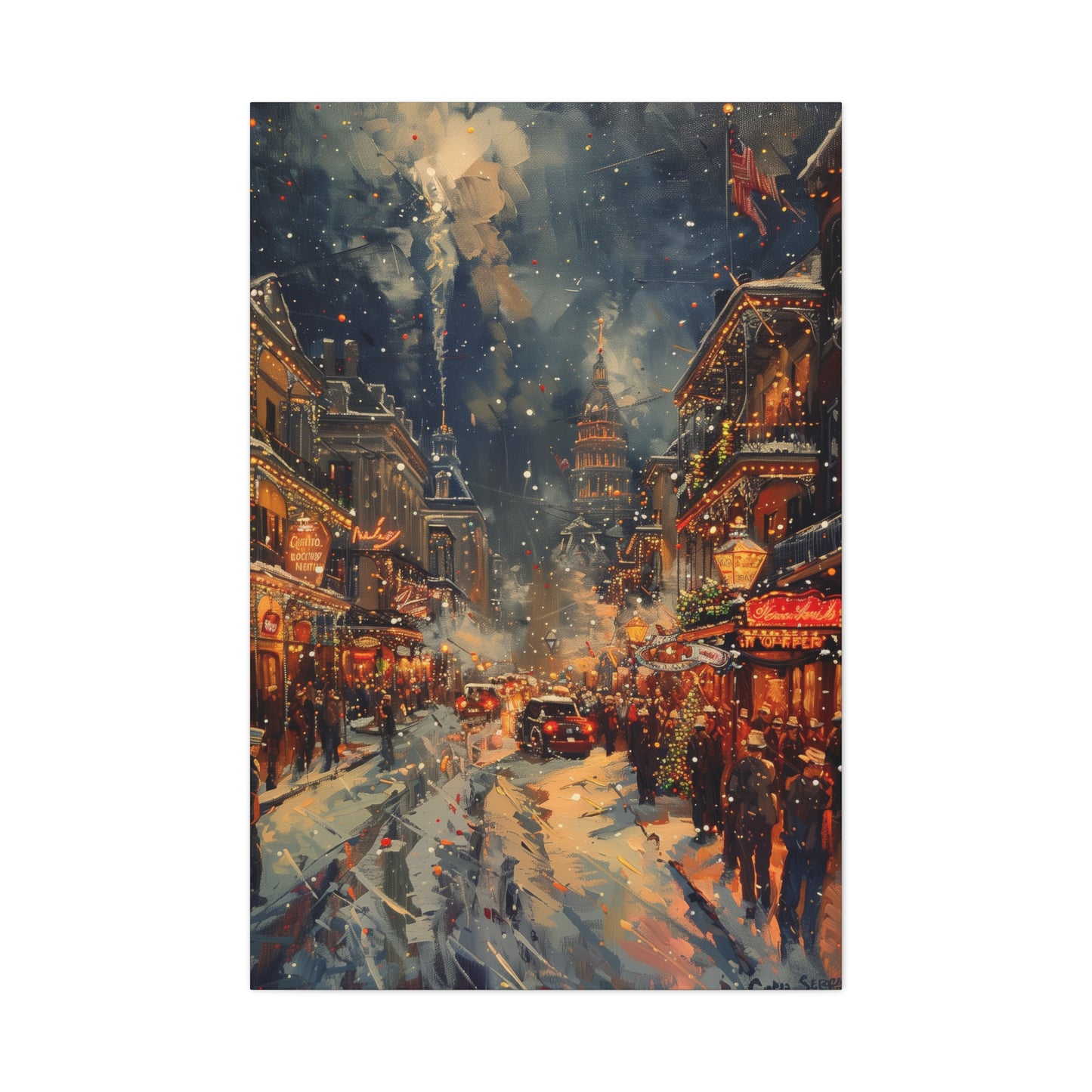 Christmas Street Corner in Downtown - Rembrandt Style Digital Oil Painting Canvas Gallery Wraps